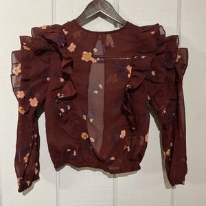 Truth NYC Blouse Womens Small Maroon Floral Ruffle Long Sleeve Sheer Top Boho‎